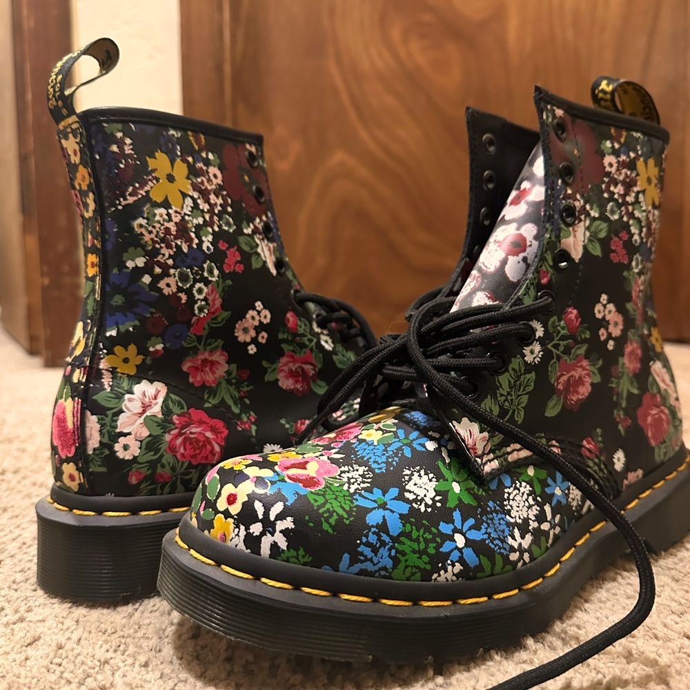 Dr. Martens Black Floral Lace-Up Combat Boots